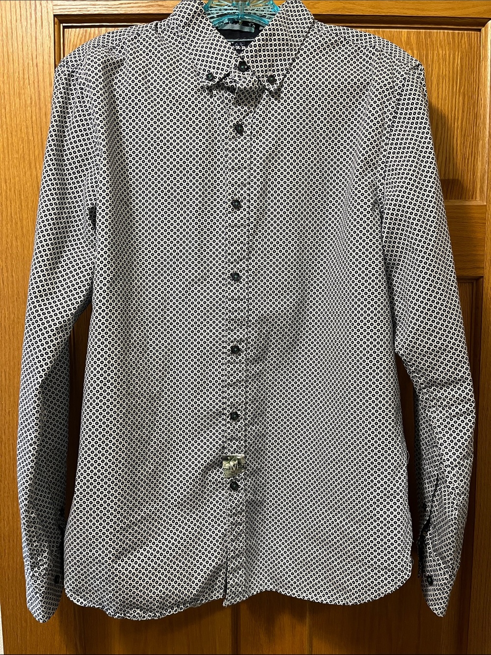 Men's Blue& White Geometric Long-Sleeve Button-Up Shirt